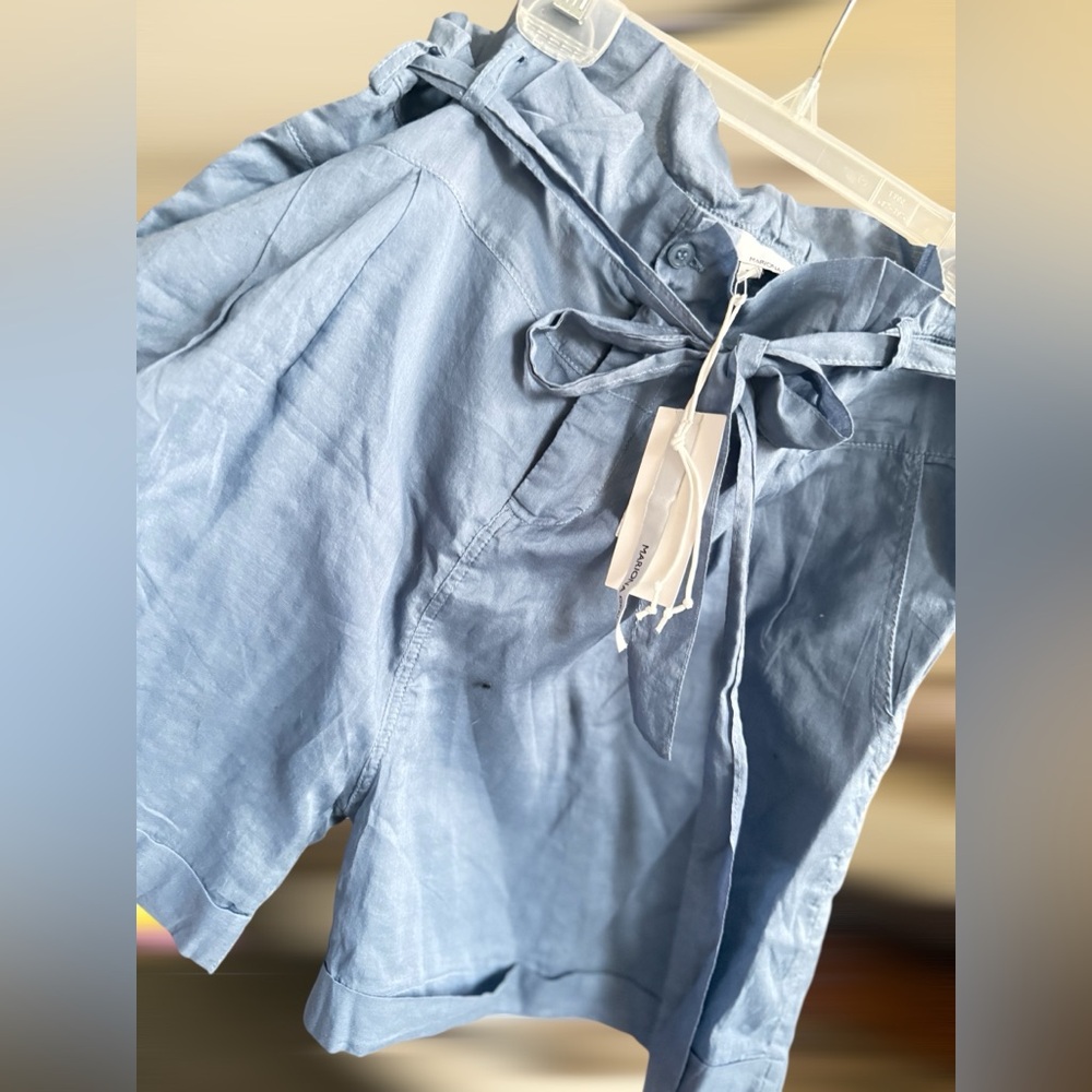 European Design Blue Paperbag Waist Cotton Shorts